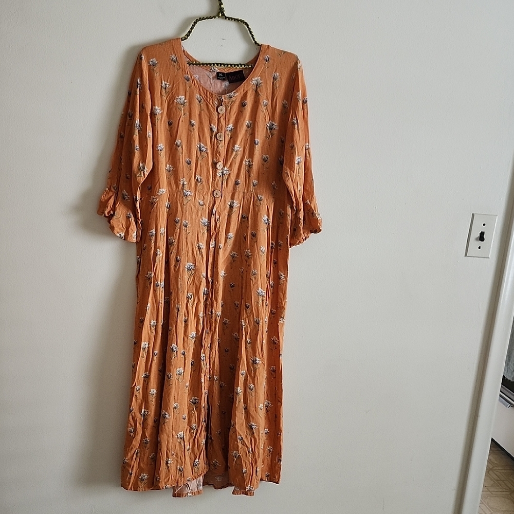 ANORA Orange Floral 3/4 Sleeve Dress Boho Cottage Coastal Womens XL